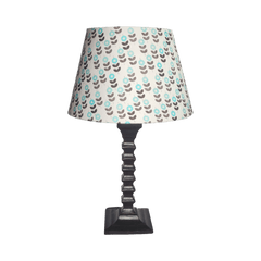 Biege Table Lamp - Handcrafted Wooden Table Lamp with Blue & Beige Cotton Linen Flora - Rhaa -