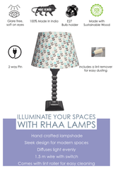 Biege Table Lamp - Handcrafted Wooden Table Lamp with Blue & Beige Cotton Linen Flora - Rhaa -