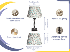 Biege Table Lamp - Handcrafted Wooden Table Lamp with Blue & Beige Cotton Linen Flora - Rhaa -