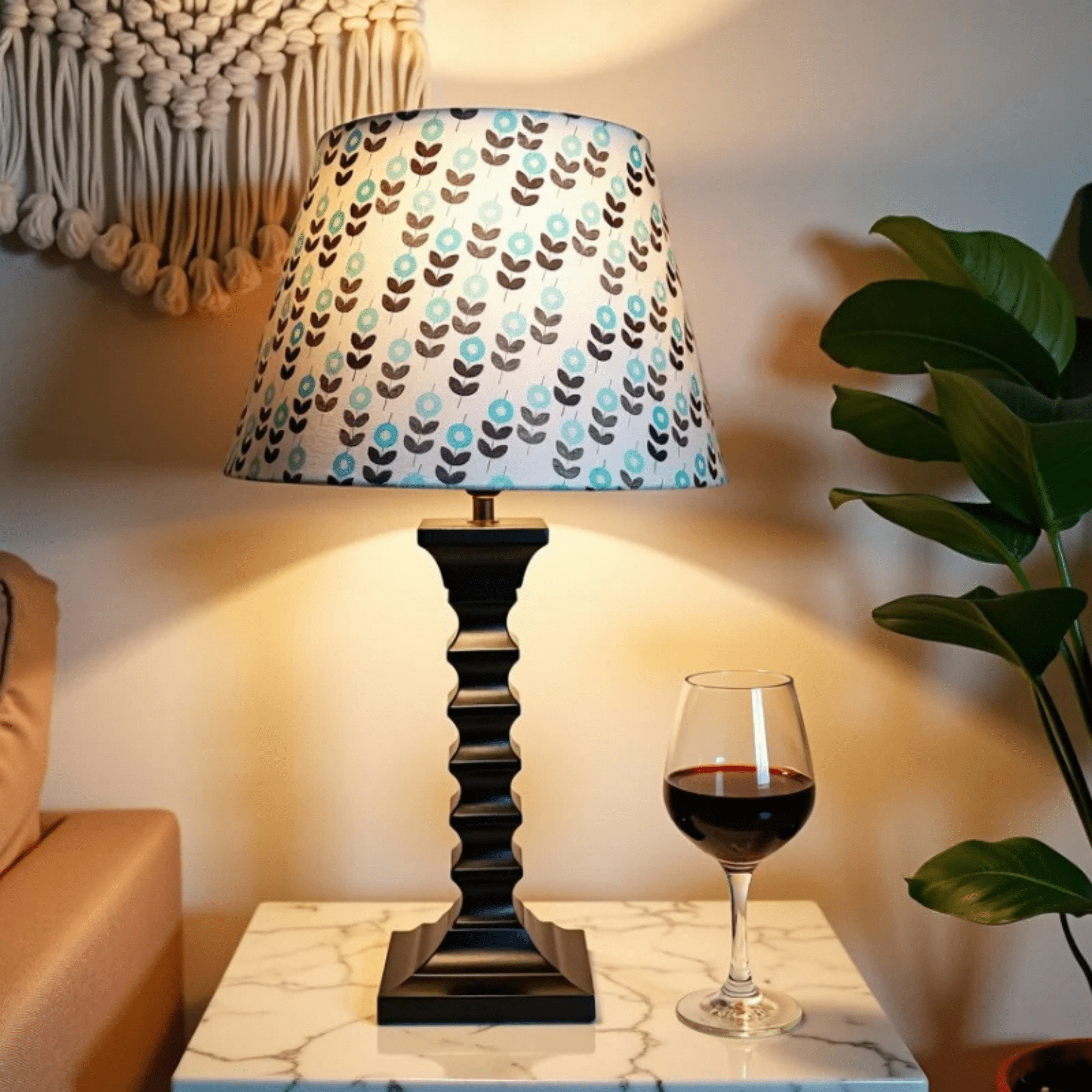 Biege Table Lamp - Handcrafted Wooden Table Lamp with Blue & Beige Cotton Linen Flora - Rhaa -