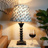 Biege Table Lamp - Handcrafted Wooden Table Lamp with Blue & Beige Cotton Linen Flora - Rhaa -