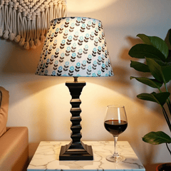 Biege Table Lamp - Handcrafted Wooden Table Lamp with Blue & Beige Cotton Linen Flora - Rhaa -