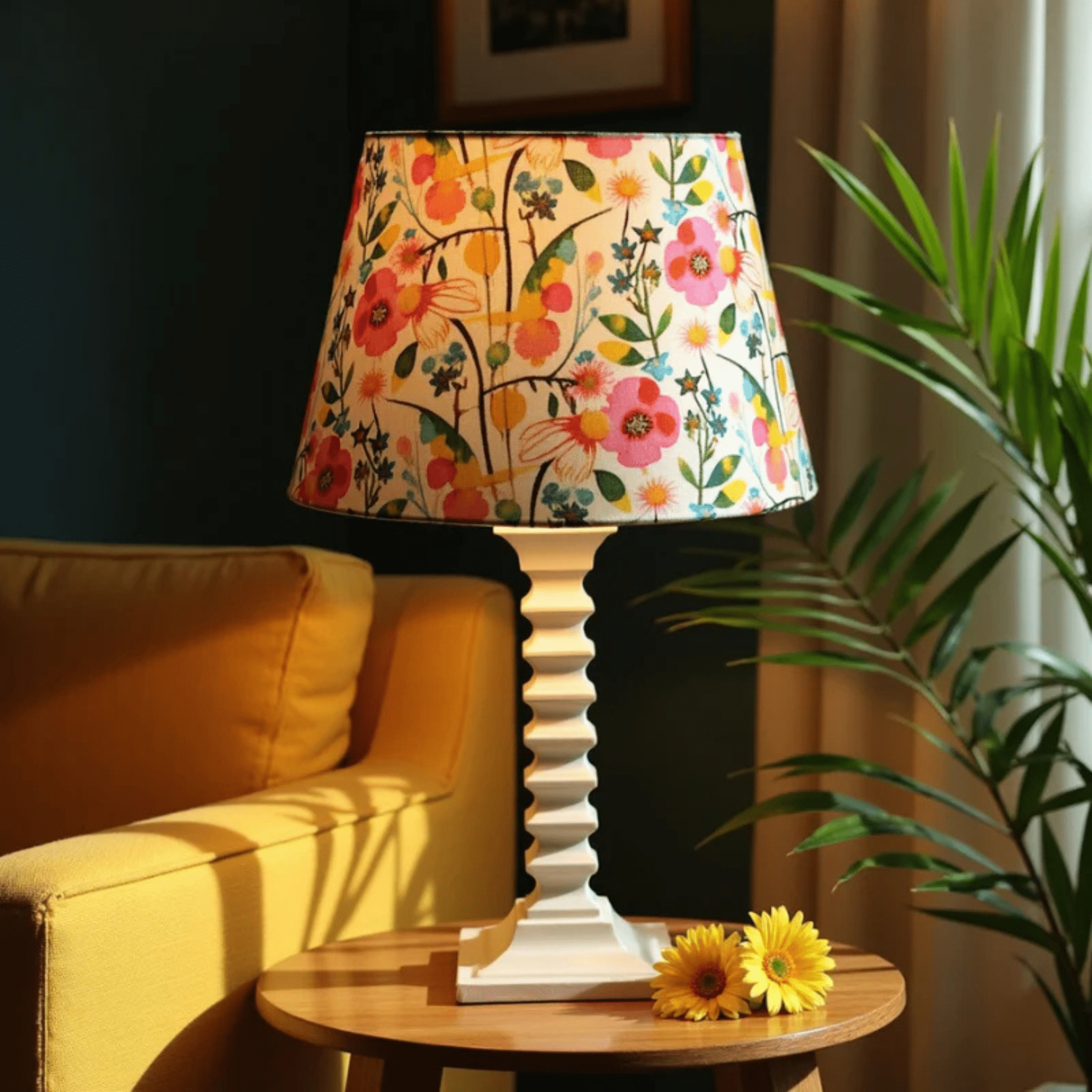 Bloom Handcrafted Wooden Table Lamp with Vibrant Cotton Linen Floral Lampshade - Rhaa -