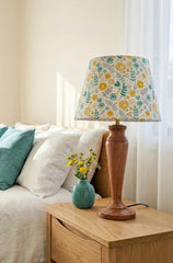 Fern Premium Wooden Table Lamp – Handcrafted Wood Base with Floral Cotton Linen Shade