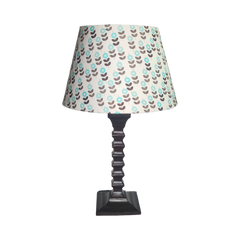 Biege Table Lamp - Handcrafted Wooden Table Lamp with Blue & Beige Cotton Linen Flora - Rhaa