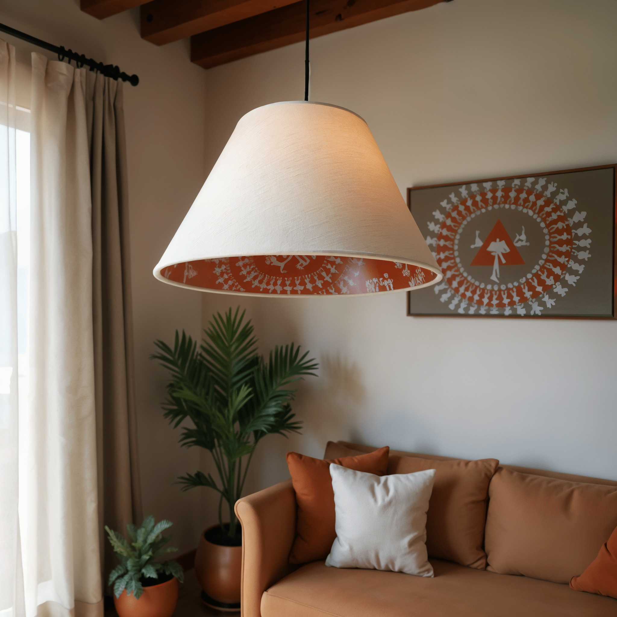 Warli Art Pendant Lamp - Handcrafted Cotton Jute Hanging Lamp with Traditional Indian Design - Rhaa -