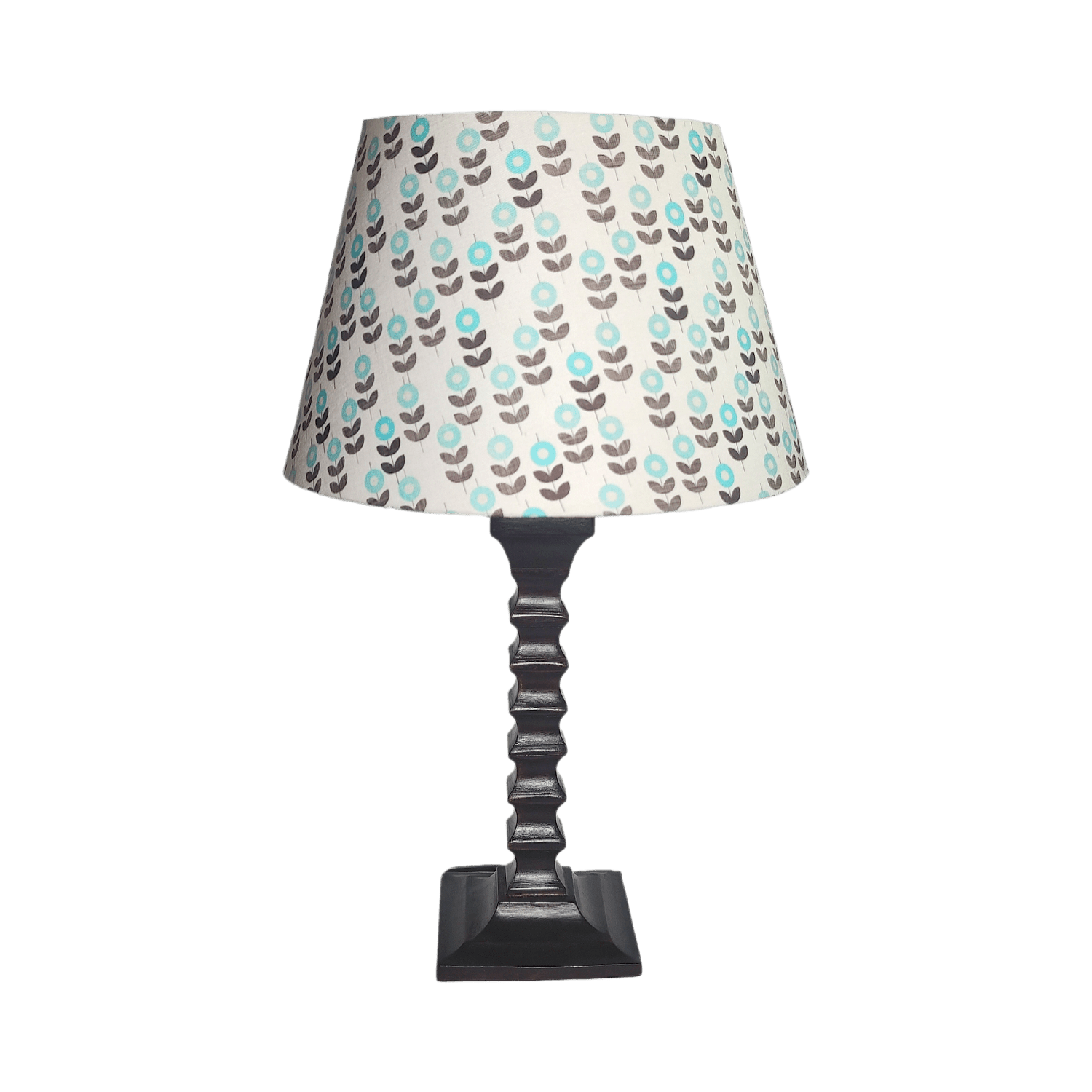 Biege Table Lamp - Handcrafted Wooden Table Lamp with Blue & Beige Cotton Linen Flora - Rhaa - 