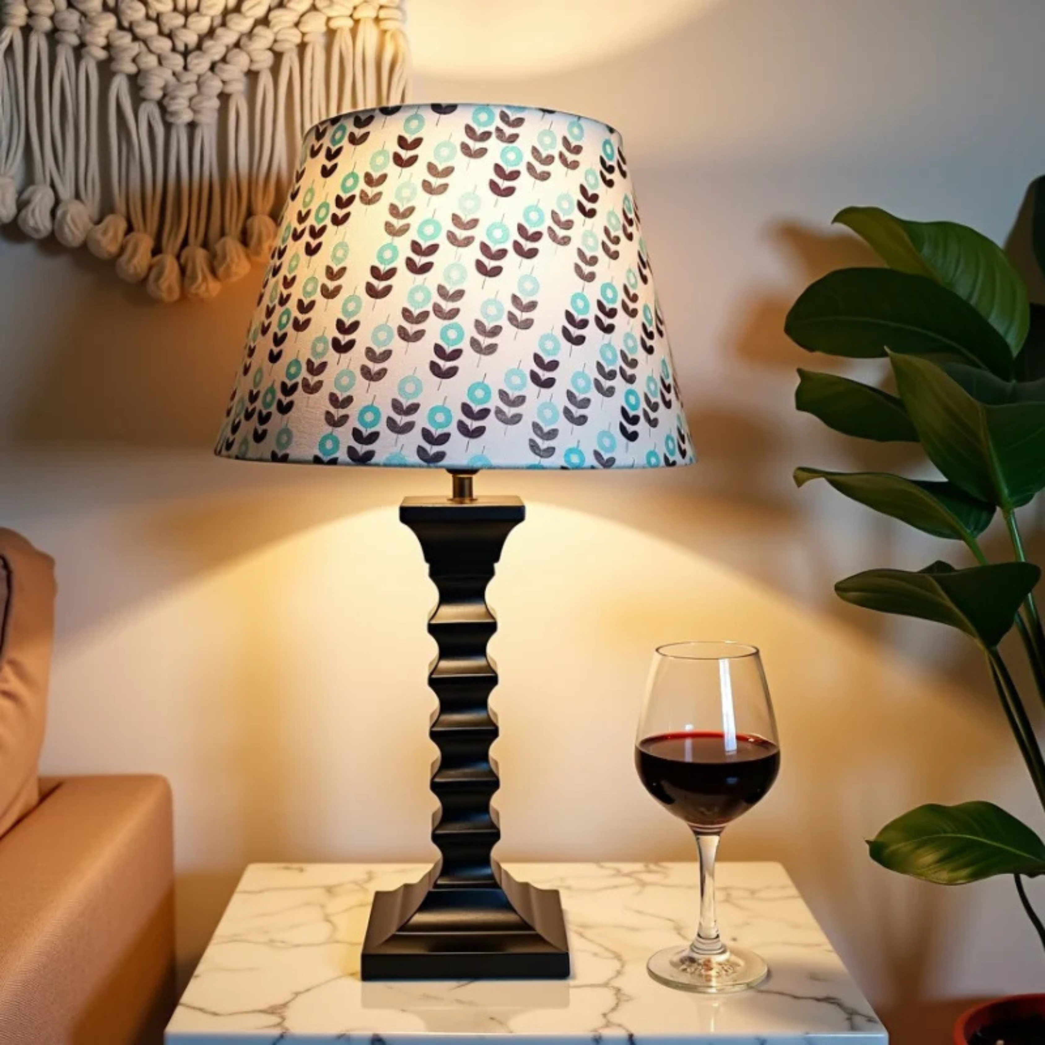 Biege Table Lamp - Handcrafted Wooden Table Lamp with Blue & Beige Cotton Linen Flora - Rhaa