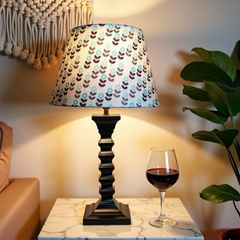 Biege Table Lamp - Handcrafted Wooden Table Lamp with Blue & Beige Cotton Linen Flora - Rhaa