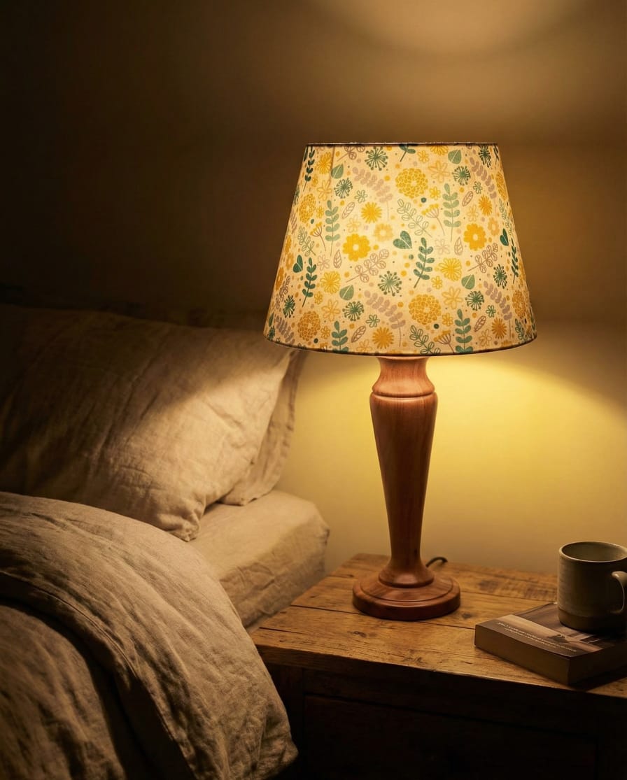 Fern Premium Wooden Table Lamp – Handcrafted Wood Base with Floral Cotton Linen Shade - Rhaa - Table Lamp