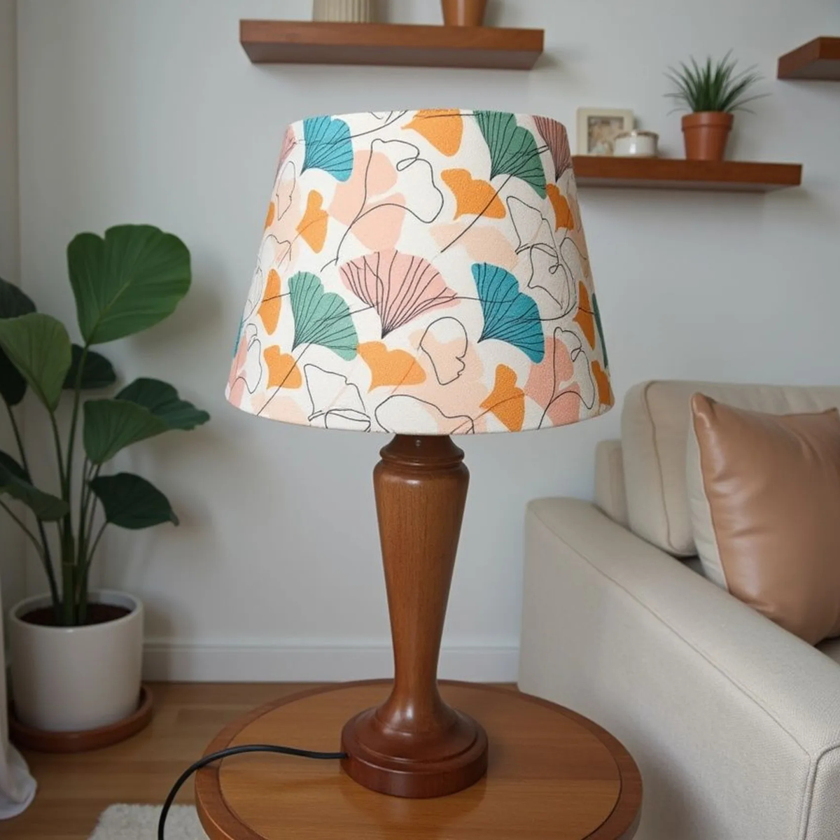 Ginkgo Premium Wooden Table Lamp with Cotton Linen Fabric Shade - Rhaa