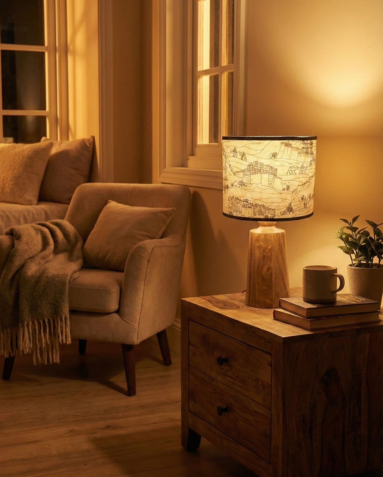 Heritage Wooden Table Lamp – Handcrafted Acacia Wood Base with Artistic Paper Shade - Rhaa - 