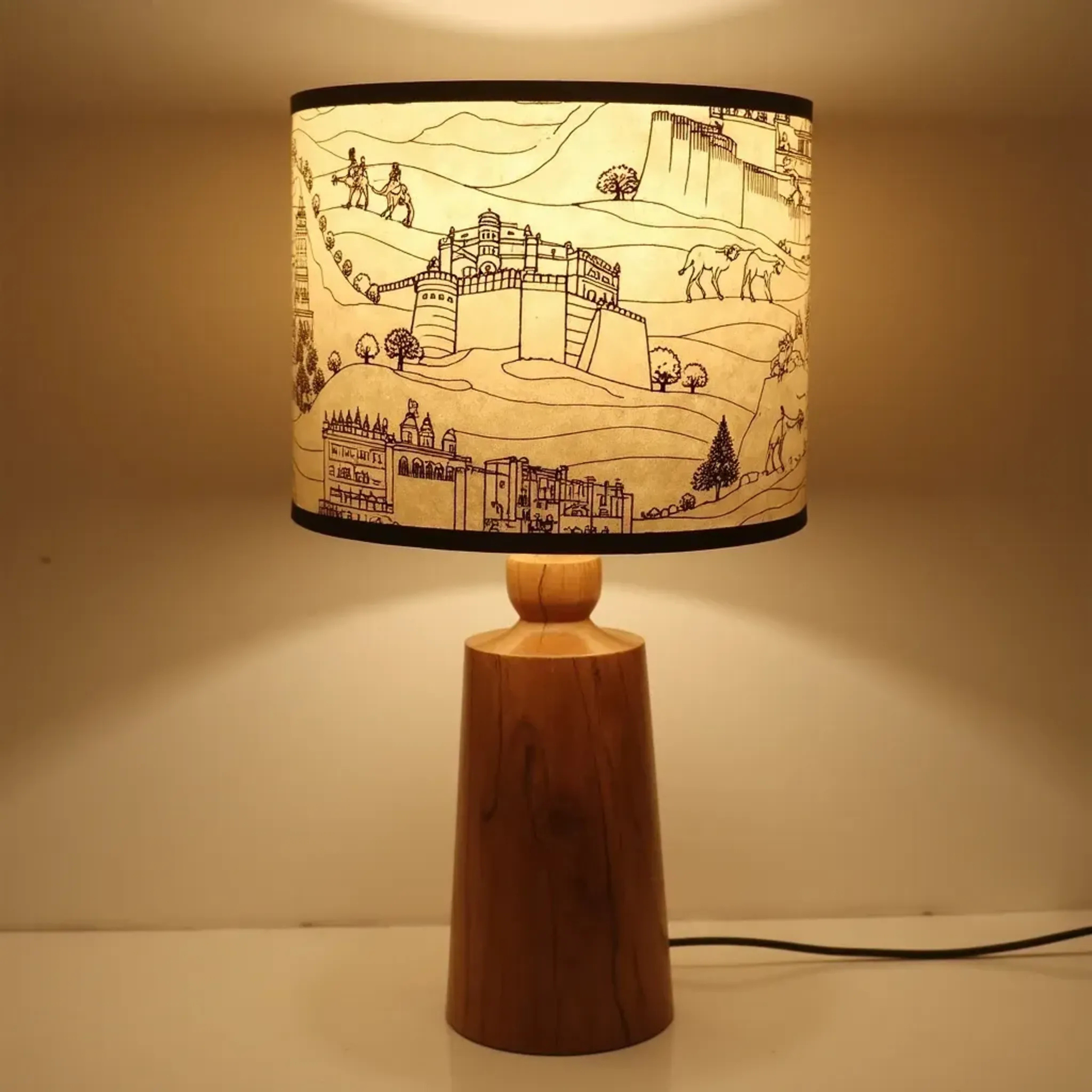Heritage Wooden Table Lamp – Handcrafted Acacia Wood Base with Artistic Paper Shade - Rhaa