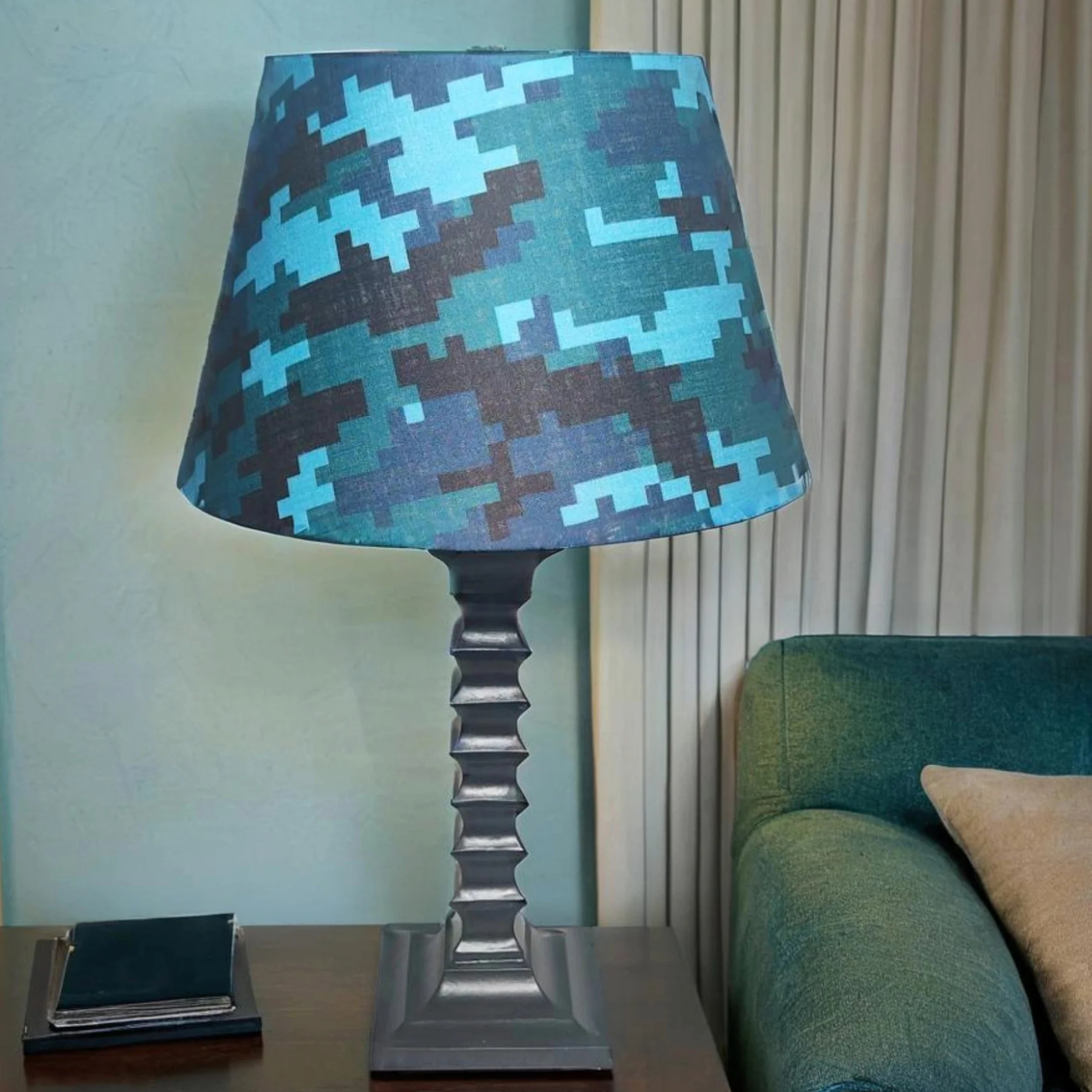 Pixie Table Lamp - Handcrafted Wooden Table Lamp with Blue & Teal Digital Camo Cotton Linen Shade - Rhaa