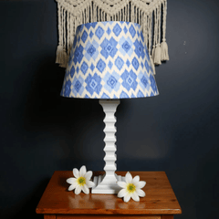 Santorini Table Lamp – Handcrafted Wooden Table Lamp with Blue & White Cotton Linen Lampshade - Rhaa - 