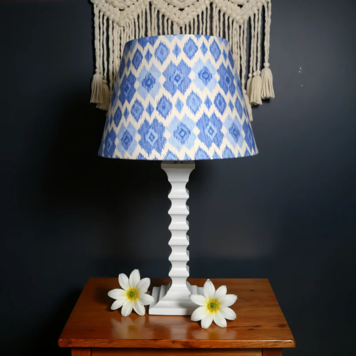 Santorini Table Lamp – Handcrafted Wooden Table Lamp with Blue & White Cotton Linen Lampshade - Rhaa