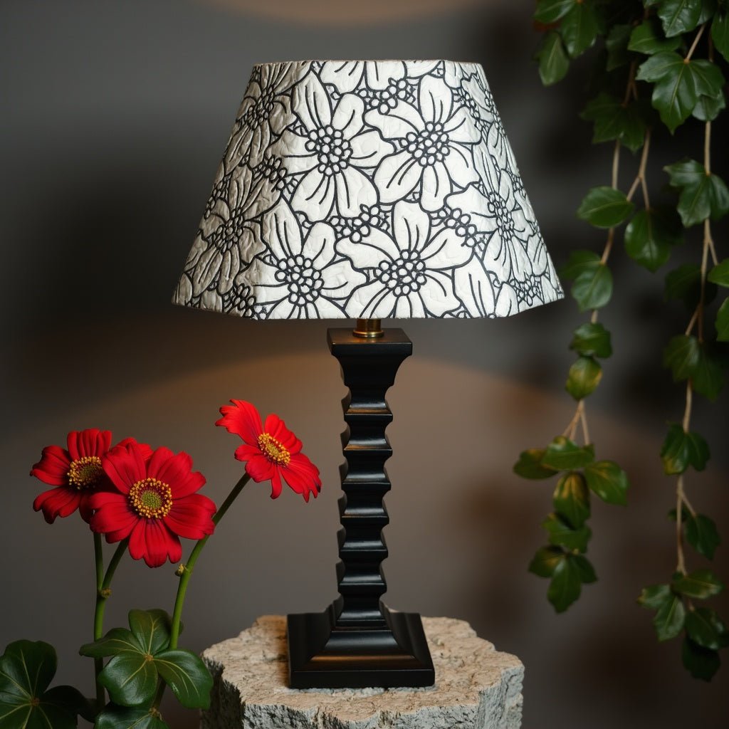 Slate Table Lamp - Handcrafted Wooden Table Lamp with Embossed Fabric Lampshade - Rhaa - 