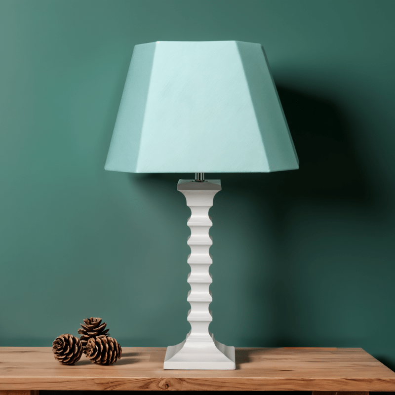 Turq Table Lamp - Handcrafted Wooden Table Lamp with Pastel Aqua Cotton Linen Lampshade - Rhaa - 