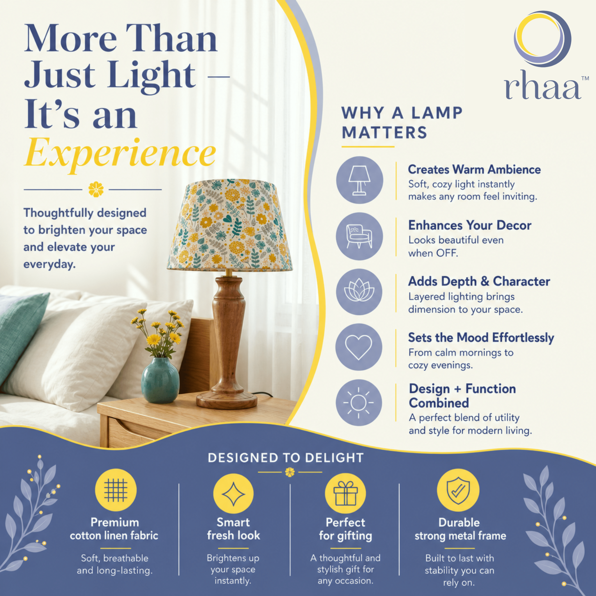 Fern Premium Wooden Table Lamp – Handcrafted Wood Base with Floral Cotton Linen Shade - Rhaa - Table Lamp
