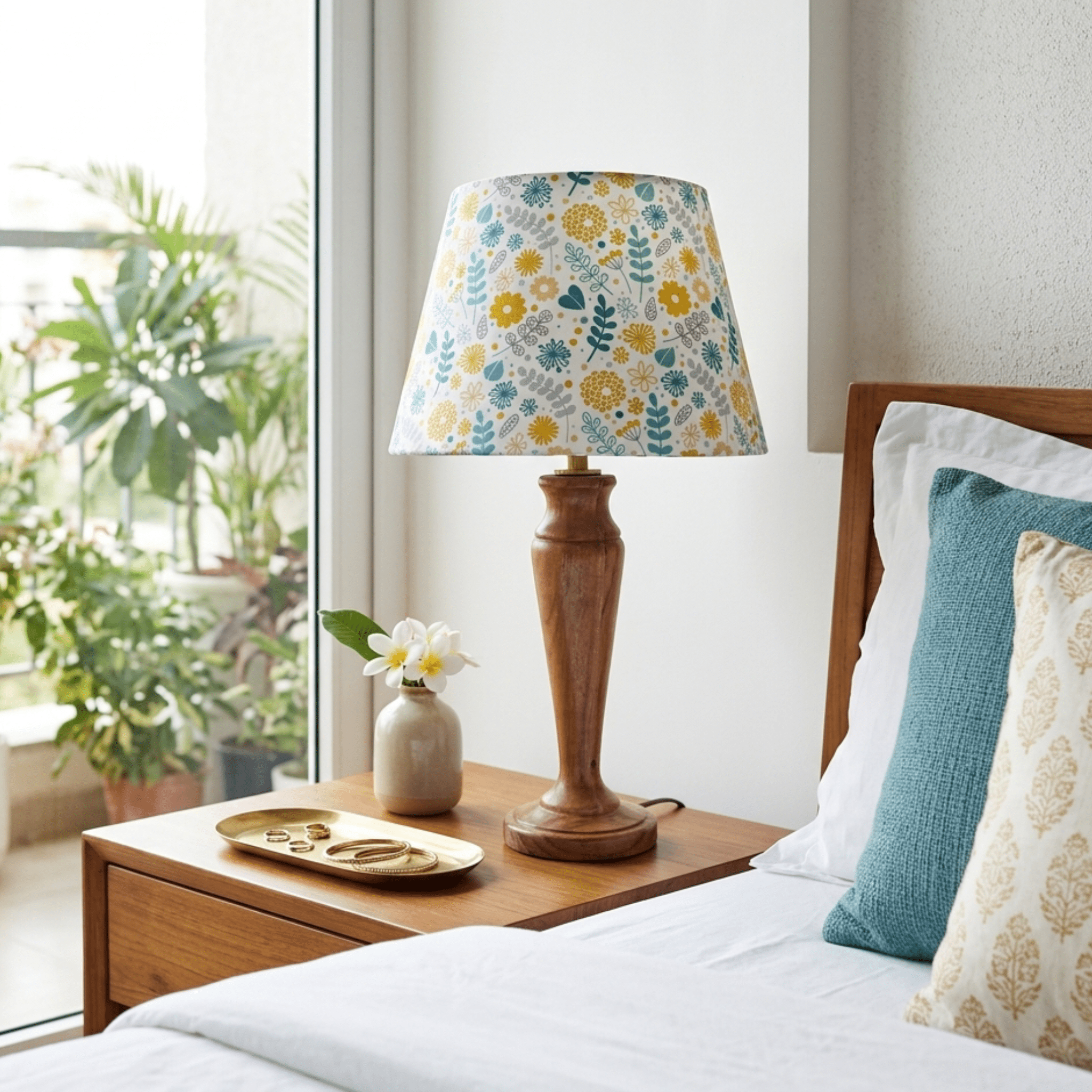 Fern Premium Wooden Table Lamp – Handcrafted Wood Base with Floral Cotton Linen Shade - Rhaa - Table Lamp