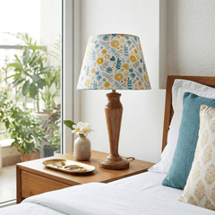Fern Premium Wooden Table Lamp – Handcrafted Wood Base with Floral Cotton Linen Shade - Rhaa - Table Lamp