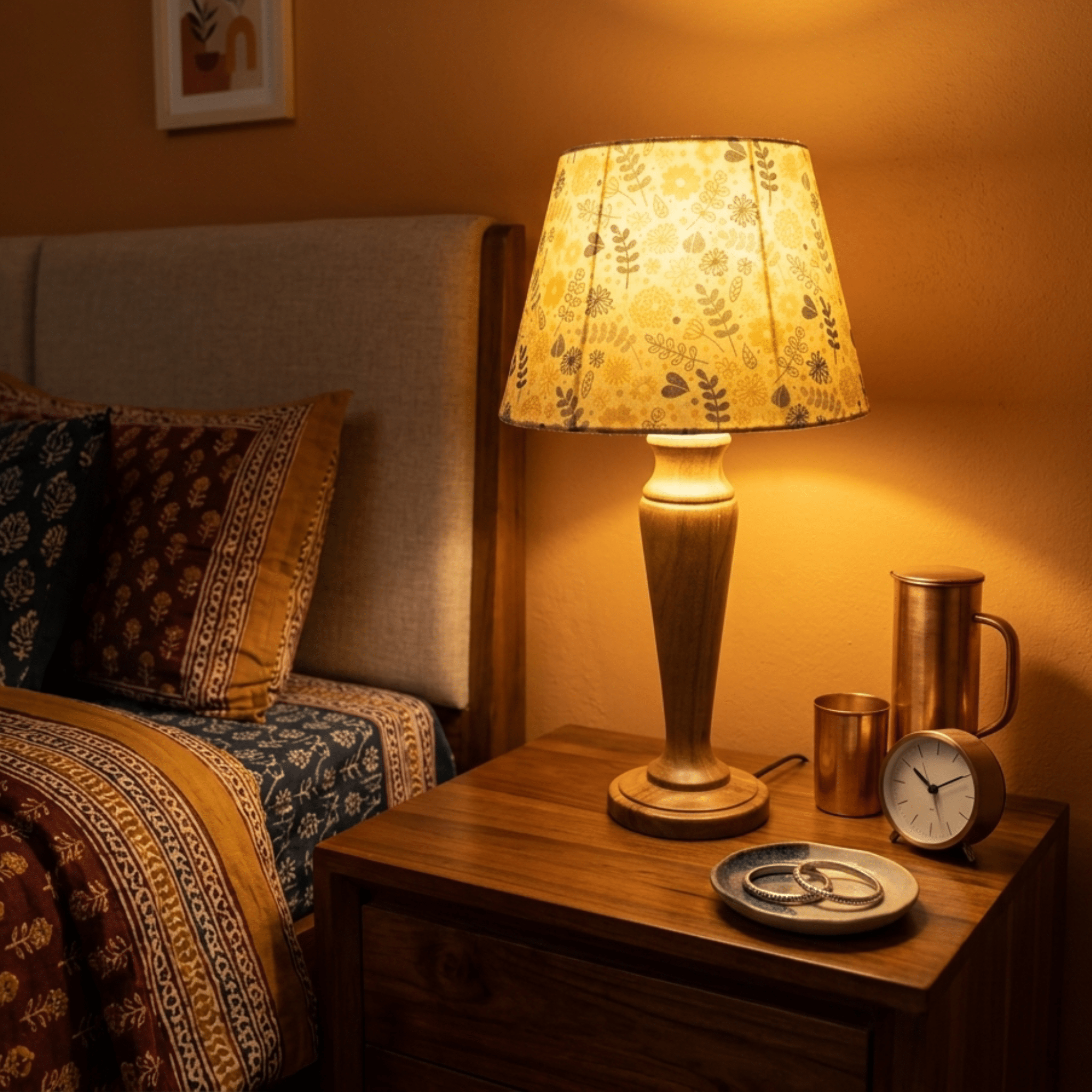 Fern Premium Wooden Table Lamp – Handcrafted Wood Base with Floral Cotton Linen Shade - Rhaa - Table Lamp