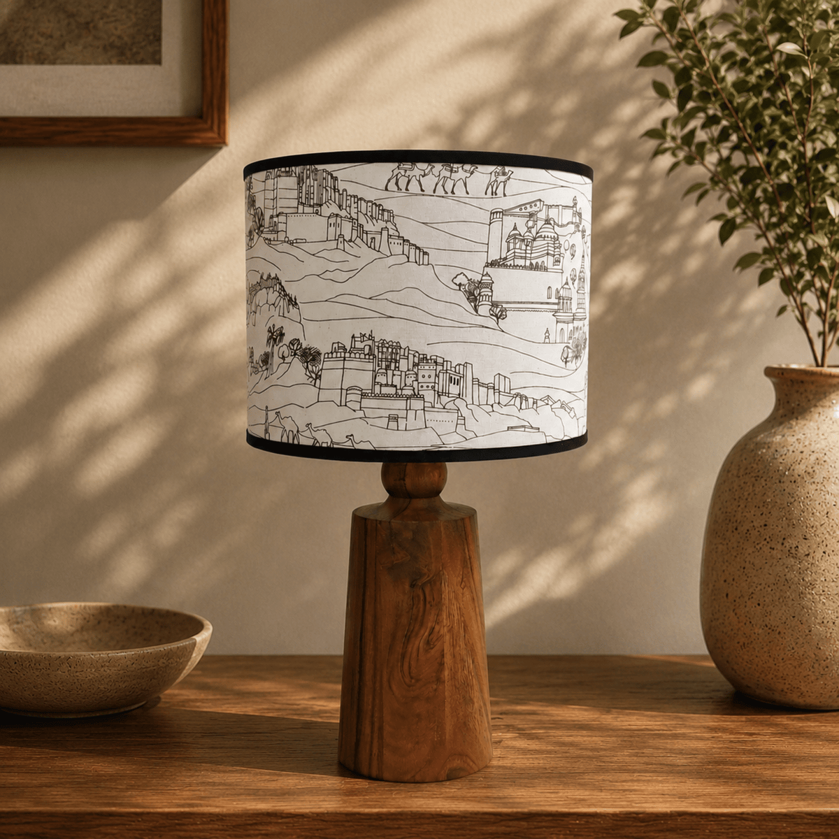 Heritage Wooden Table Lamp – Handcrafted Acacia Wood Base with Artistic Paper Shade - Rhaa - 