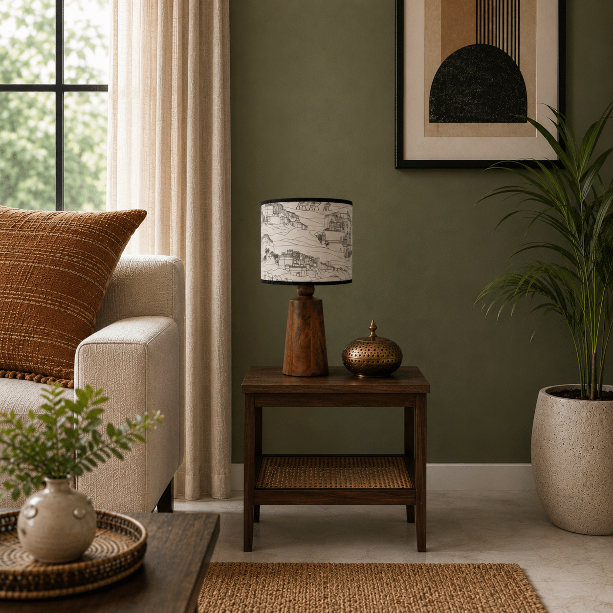 Heritage Wooden Table Lamp – Handcrafted Acacia Wood Base with Artistic Paper Shade - Rhaa - 