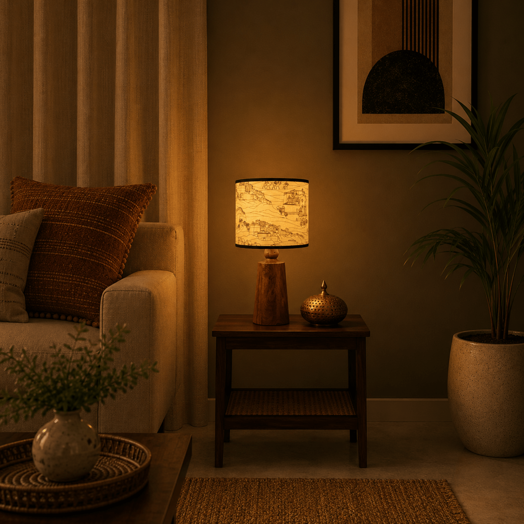 Heritage Wooden Table Lamp – Handcrafted Acacia Wood Base with Artistic Paper Shade - Rhaa - 