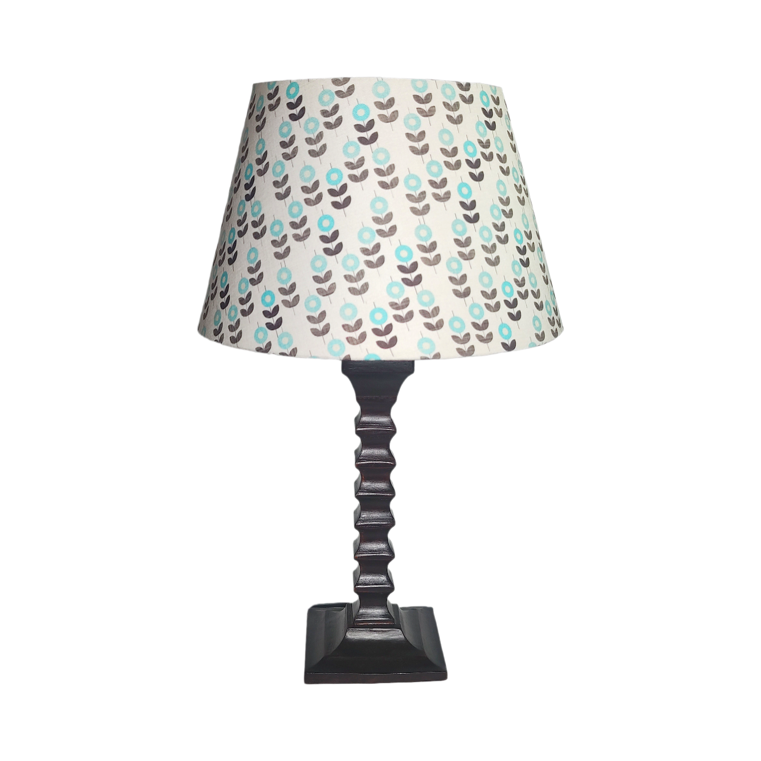 Biege Table Lamp - Handcrafted Wooden Table Lamp with Blue & Beige Cotton Linen Flora - Rhaa