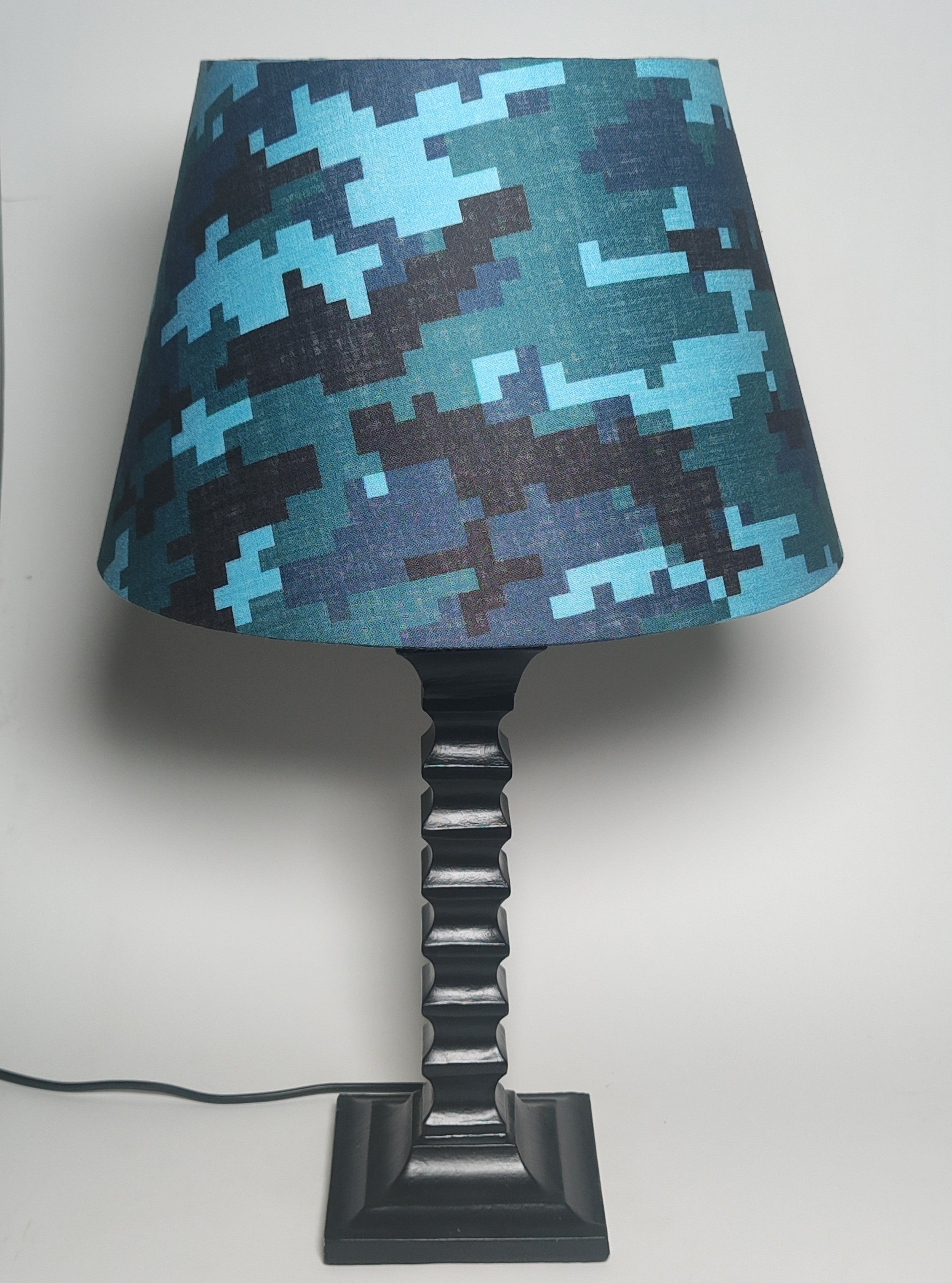 Pixie Table Lamp - Handcrafted Wooden Table Lamp with Blue & Teal Digital Camo Cotton Linen Shade - Rhaa