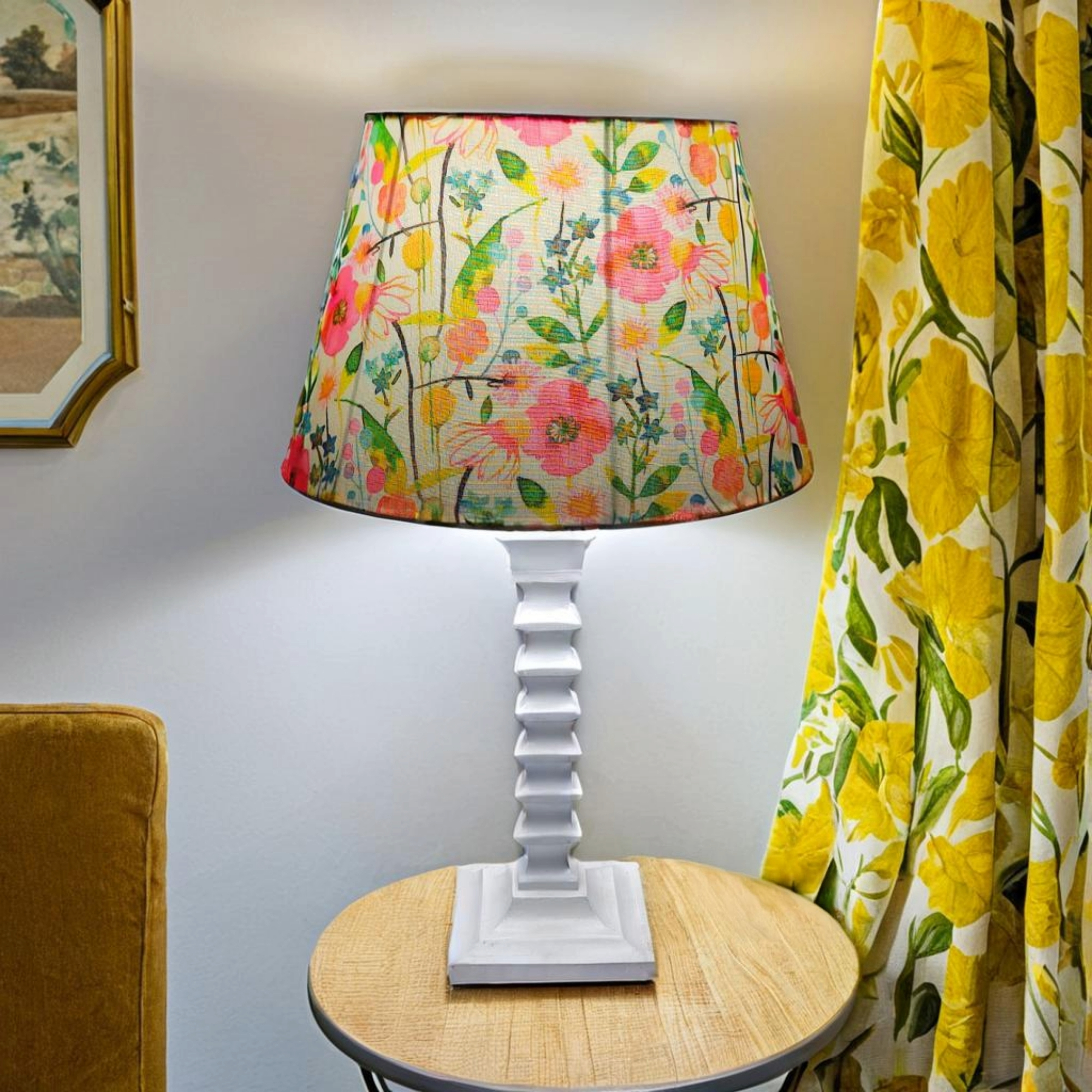 Bloom Table Lamp - Handcrafted Wooden Lamp with Vibrant Cotton Linen Floral Lampshade - Rhaa