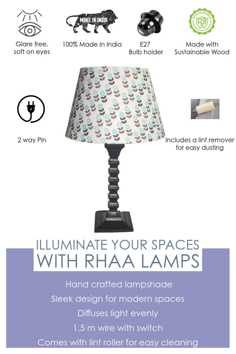 Biege Table Lamp - Handcrafted Wooden Table Lamp with Blue & Beige Cotton Linen Flora - Rhaa