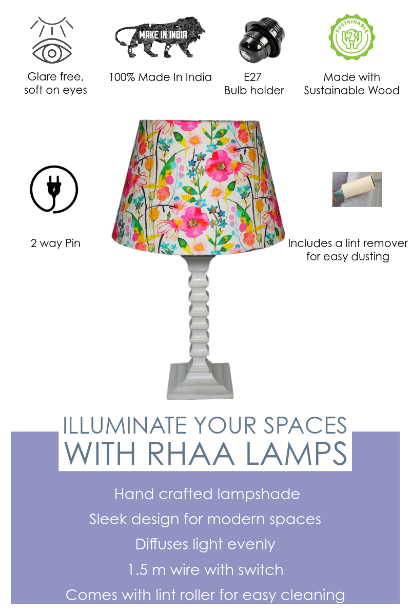 Bloom Table Lamp - Handcrafted Wooden Lamp with Vibrant Cotton Linen Floral Lampshade - Rhaa