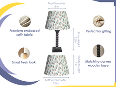 Biege Table Lamp - Handcrafted Wooden Table Lamp with Blue & Beige Cotton Linen Flora - Rhaa