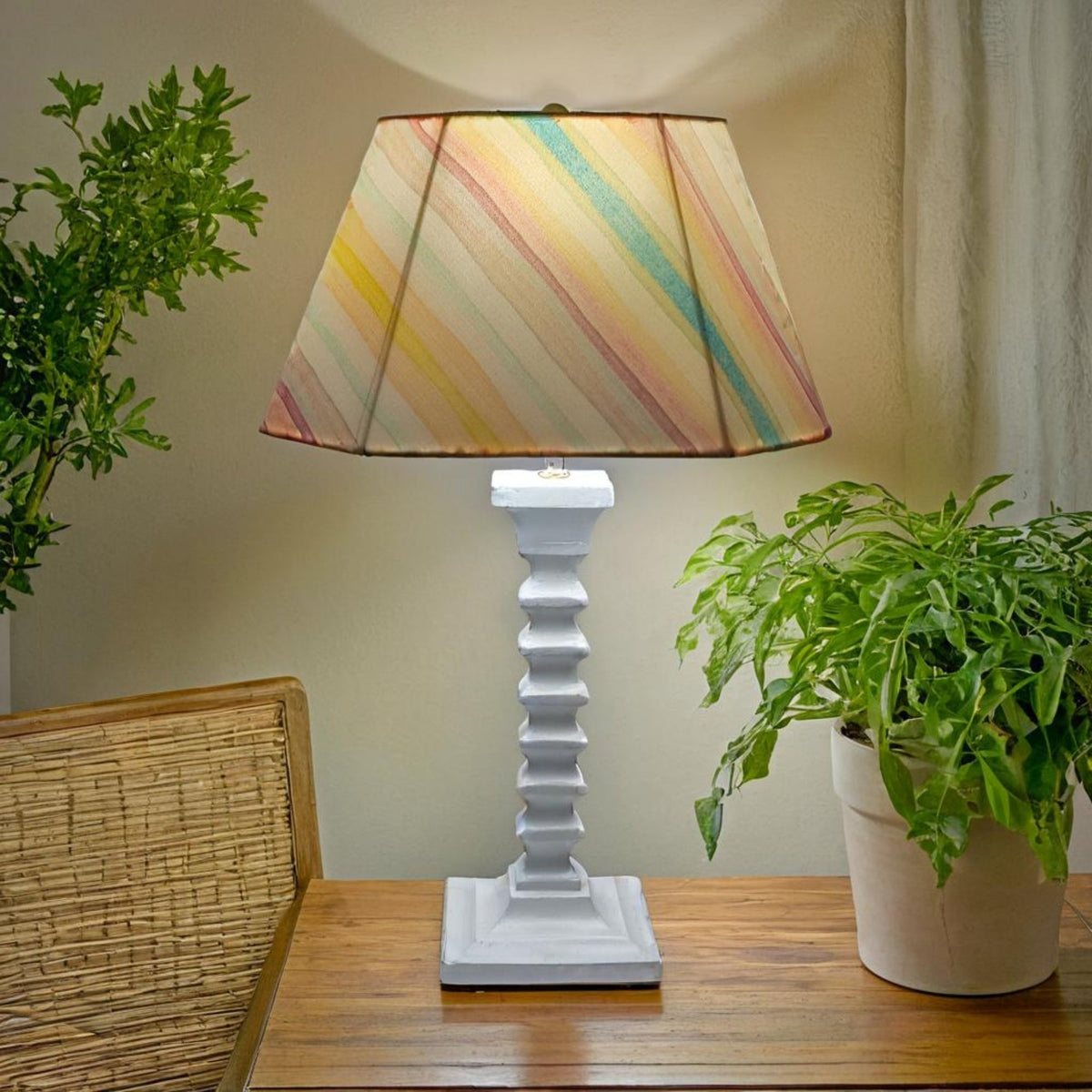 Spectra Table Lamp - Handcrafted Wooden Table Lamp with Pastel Multicolor Cotton Linen Lampshade - Rhaa