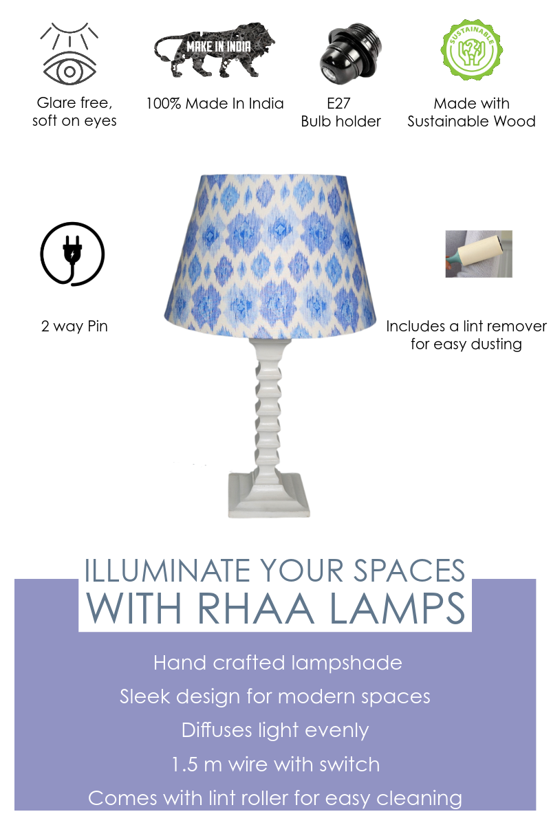 Santorini Table Lamp – Handcrafted Wooden Table Lamp with Blue & White Cotton Linen Lampshade - Rhaa