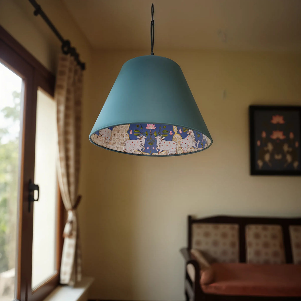 Pichwai Pendant Lamp - Handcrafted Satin Hanging Lamp with Traditional Indian Artwork - Rhaa