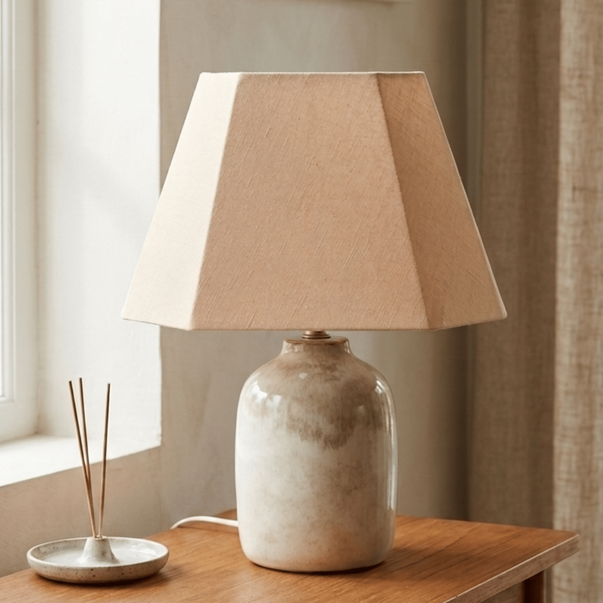 Rectangular Cut Melon Lampshade - Beige Cotton Linen Lampshade for Table Lamps - Rhaa - 