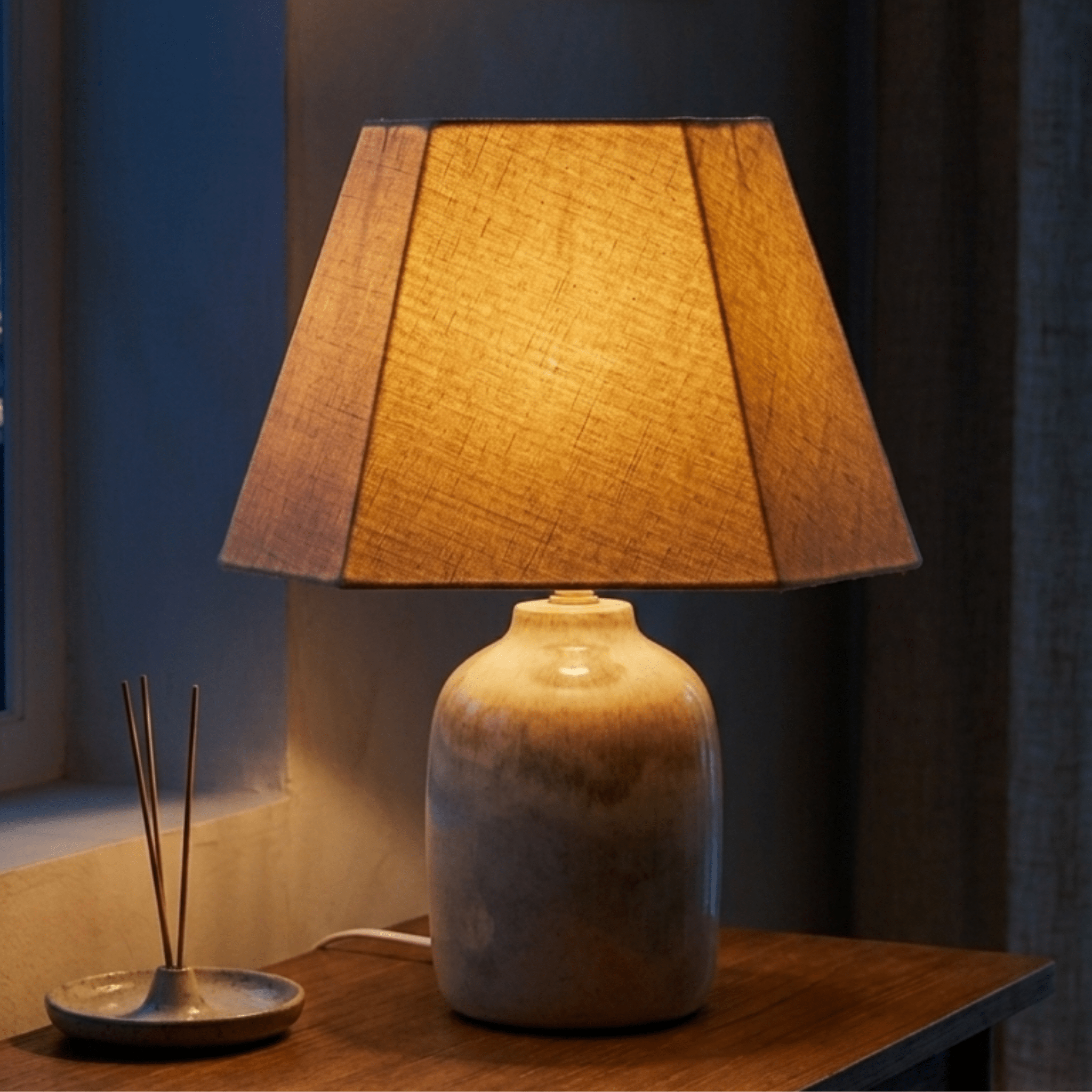 Rectangular Cut Melon Lampshade - Beige Cotton Linen Lampshade for Table Lamps - Rhaa - 